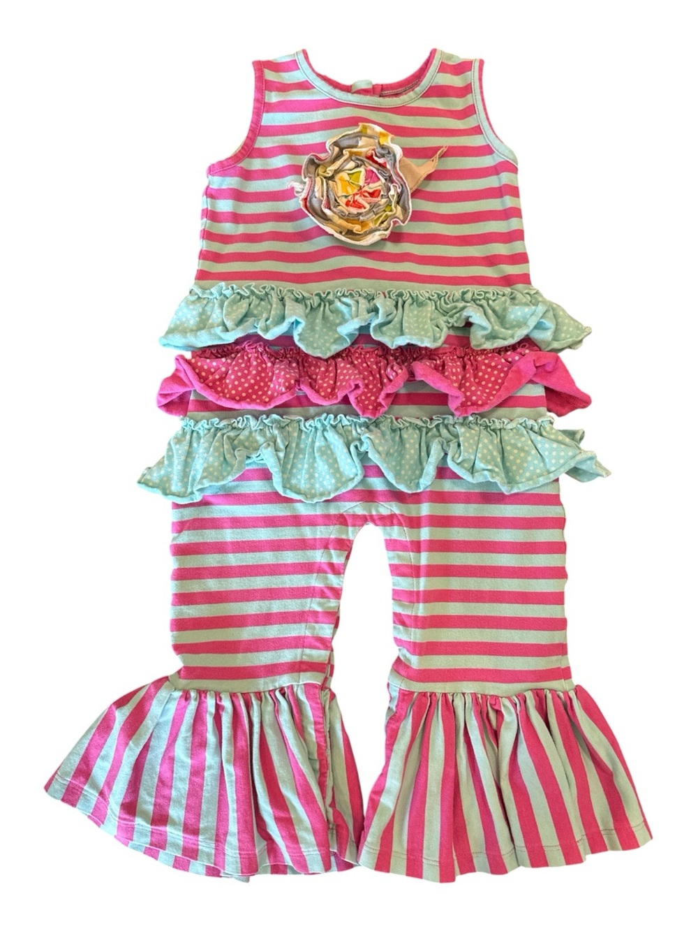 Mustard Pie Pink and Aqua Striped Ruffle One-Piece